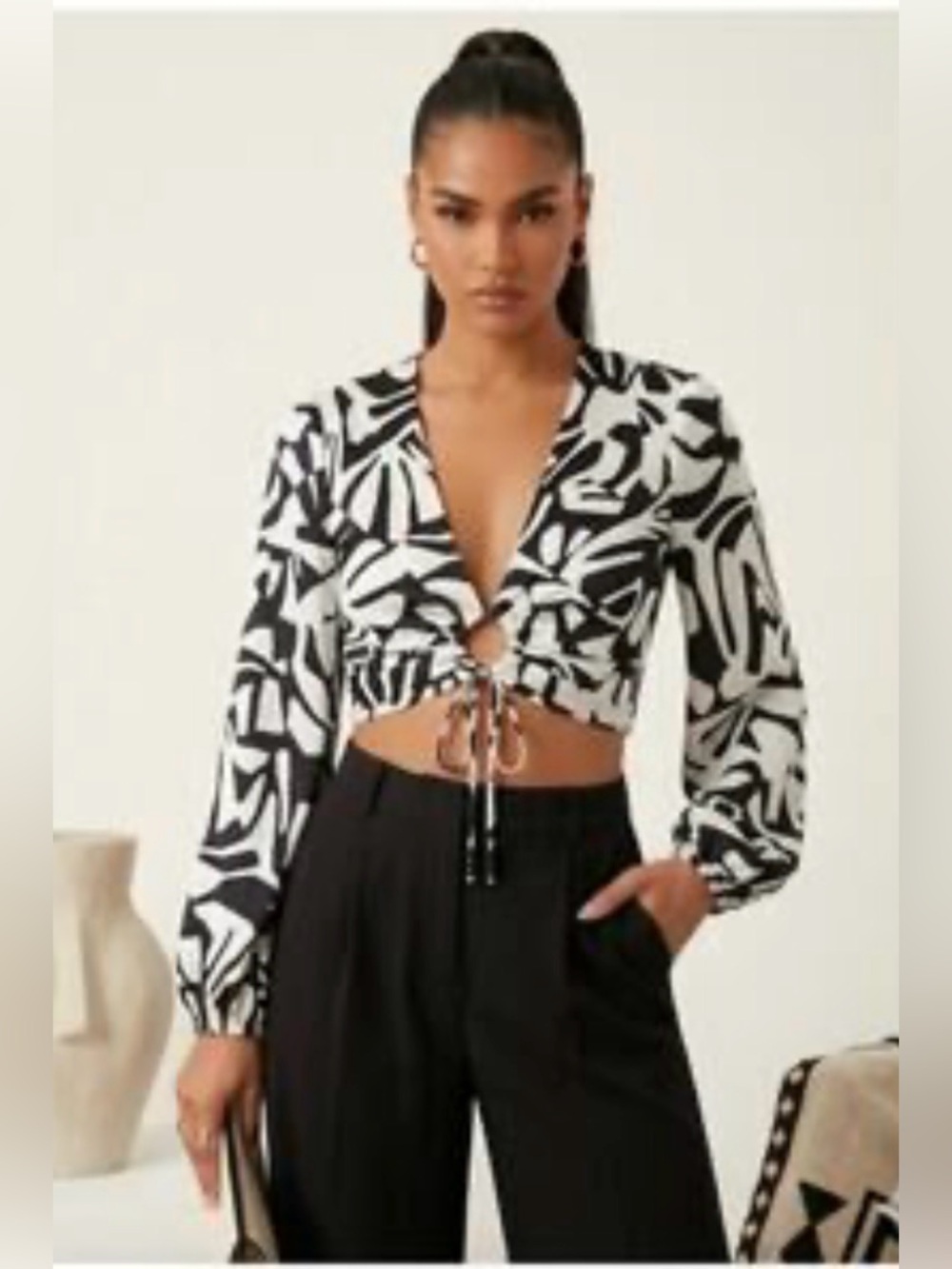 Caroline Constas Black White Abstract Tropical Tie Frontβ Crop Top Sz M Boho